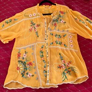 Johnny Was Yellow Embroidered Blouse
